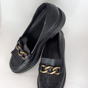 Black Leather Fringe Loafers with Gold Chain Accent